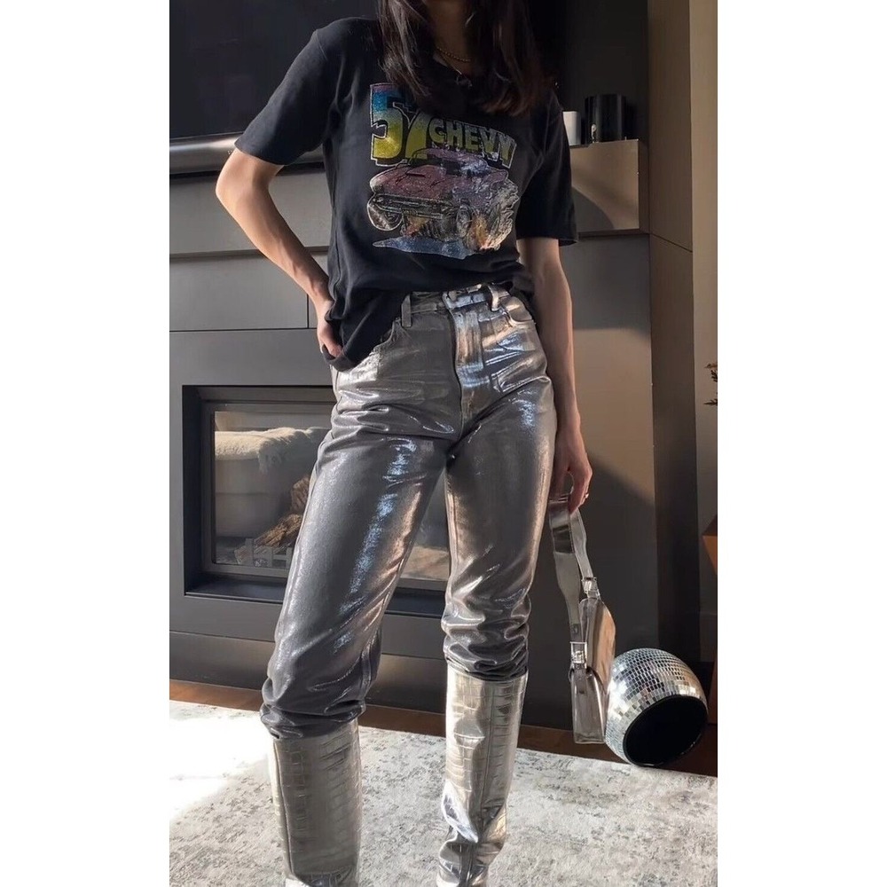 Zara Metallic Silver High Waisted Straight Leg Jeans Grey Foil Finish NWT 38